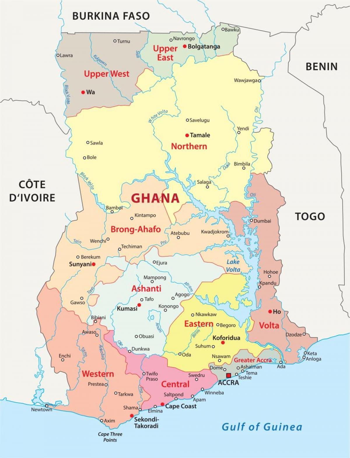 Karte von ghana zeigen Bezirke